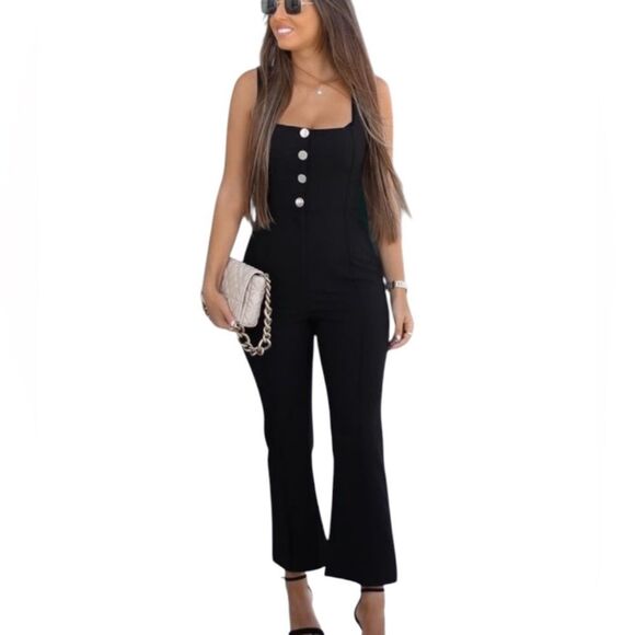 ZARA Black Jumpsuit Gold Tone Buttons Size Medium NEW - Picture 1 of 12
